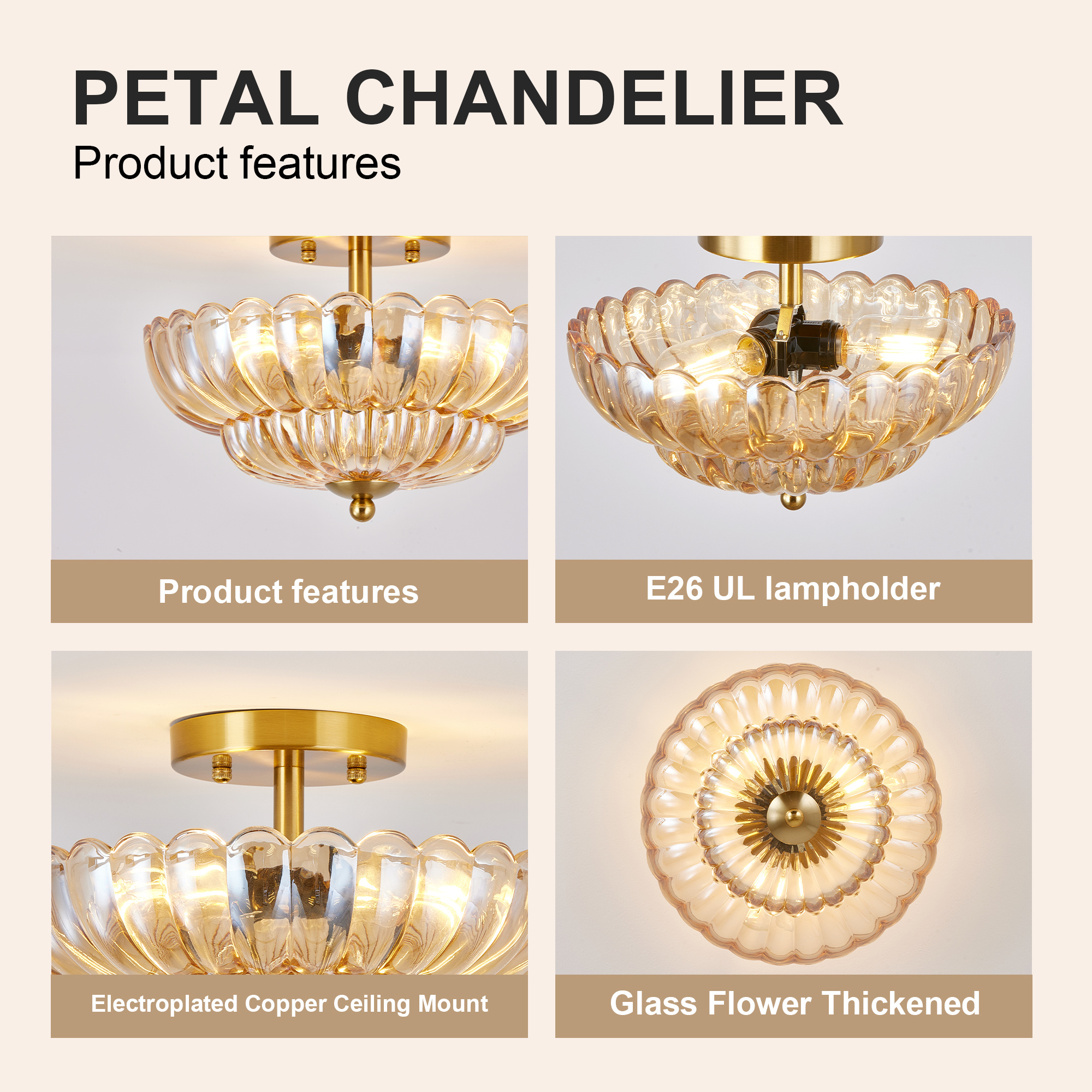 11.8 inch Semi Flush Mount Ceiling Light, 3-Light Close to Ceiling Light Fixtures with Flower Glass, Vintage Ceiling Lights for Hallway Living Room Kitchen Bedroom Bathroom, Amber - Image 7