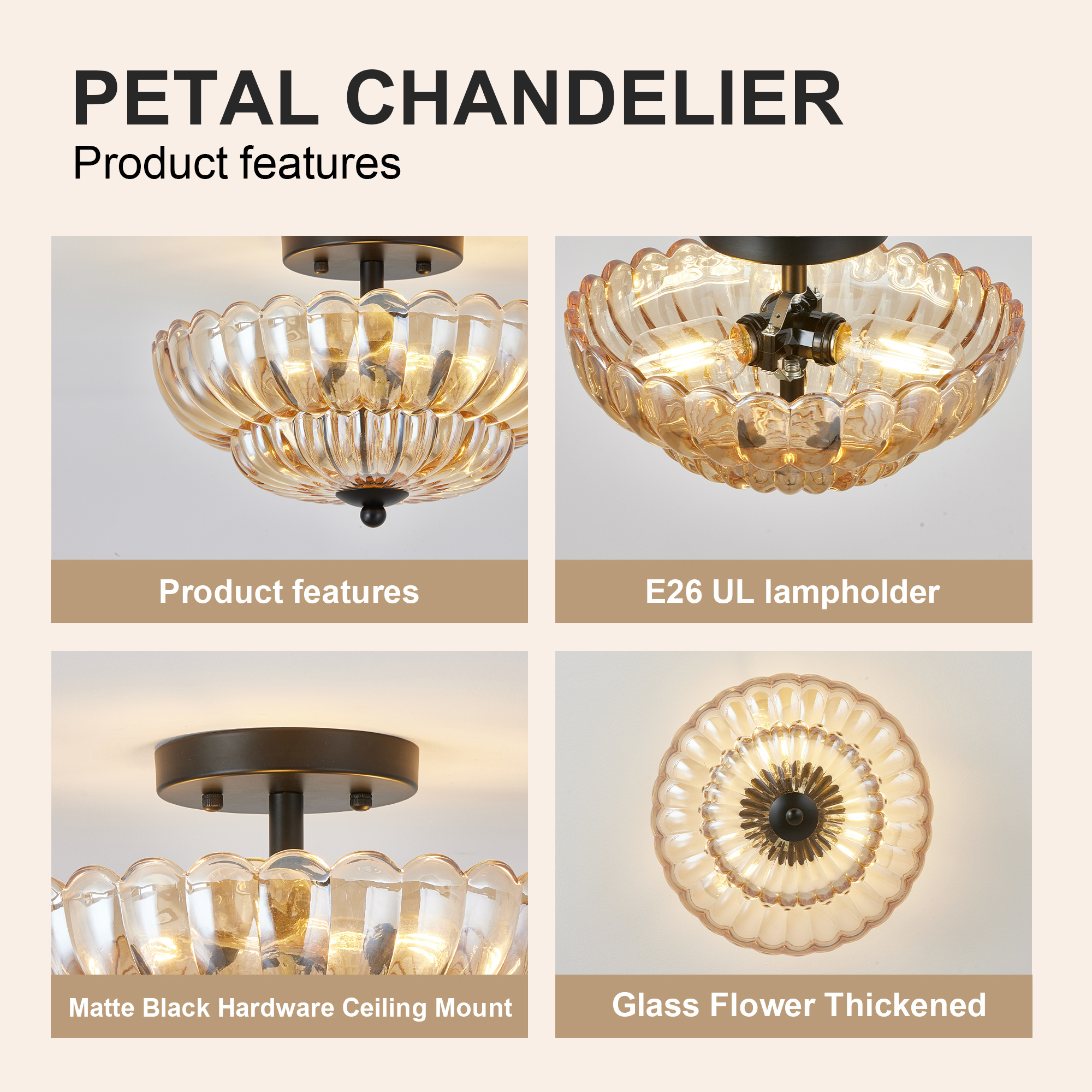 Semi Flush Mount Ceiling Light, Amber Glass Ceiling Light Fixture, 3-Bulb Modern Black Close to Ceiling Light, Vintage Glass Ceiling Lights for Bedroom Kitchen Living Room, Bulb Not Included - Image 8