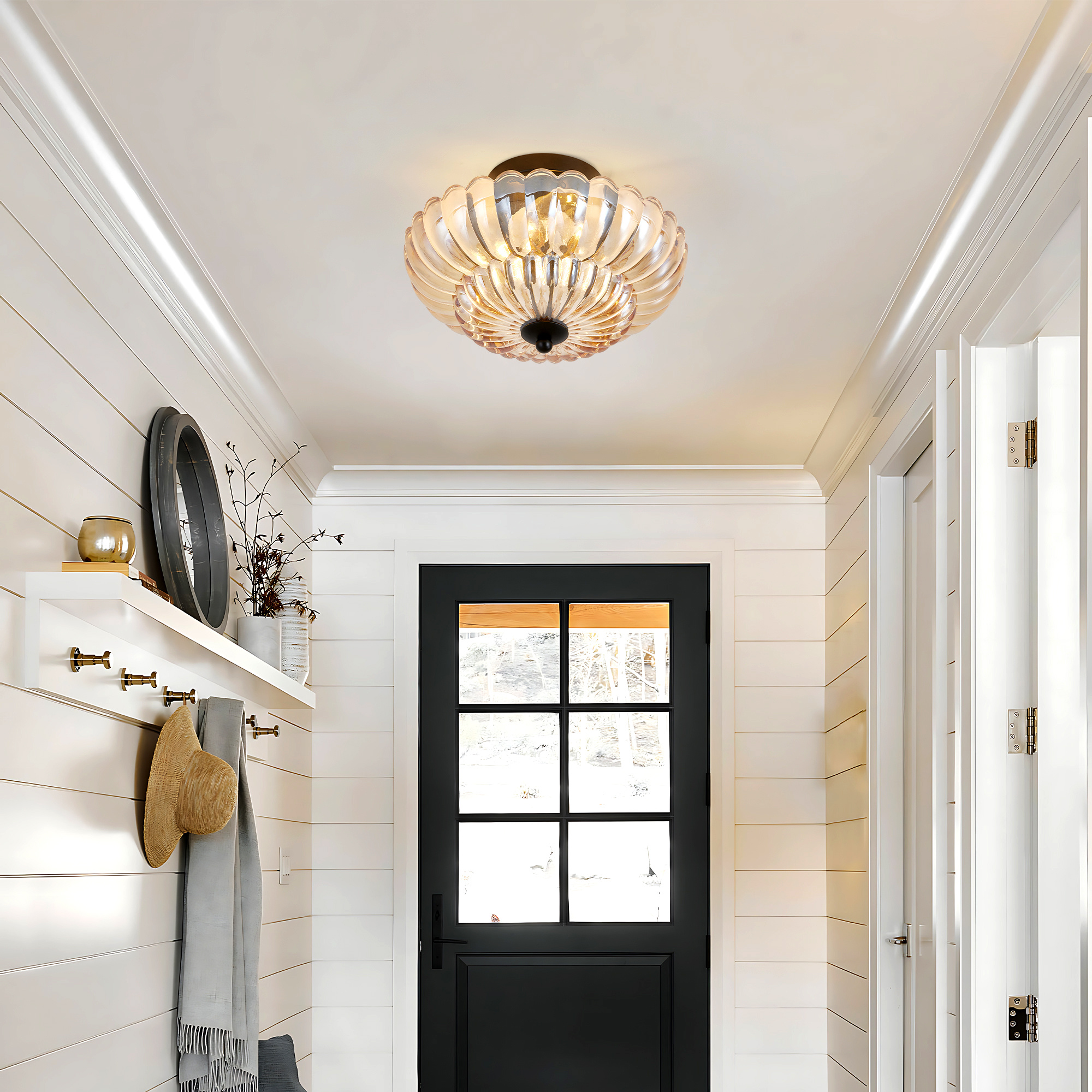 Semi Flush Mount Ceiling Light, Amber Glass Ceiling Light Fixture, 3-Bulb Modern Black Close to Ceiling Light, Vintage Glass Ceiling Lights for Bedroom Kitchen Living Room, Bulb Not Included - Image 4