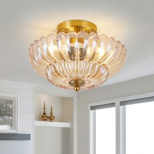 11.8 inch Semi Flush Mount Ceiling Light, 3-Light Close to Ceiling Light Fixtures with Flower Glass, Vintage Ceiling Lights for Hallway Living Room Kitchen Bedroom Bathroom, Amber