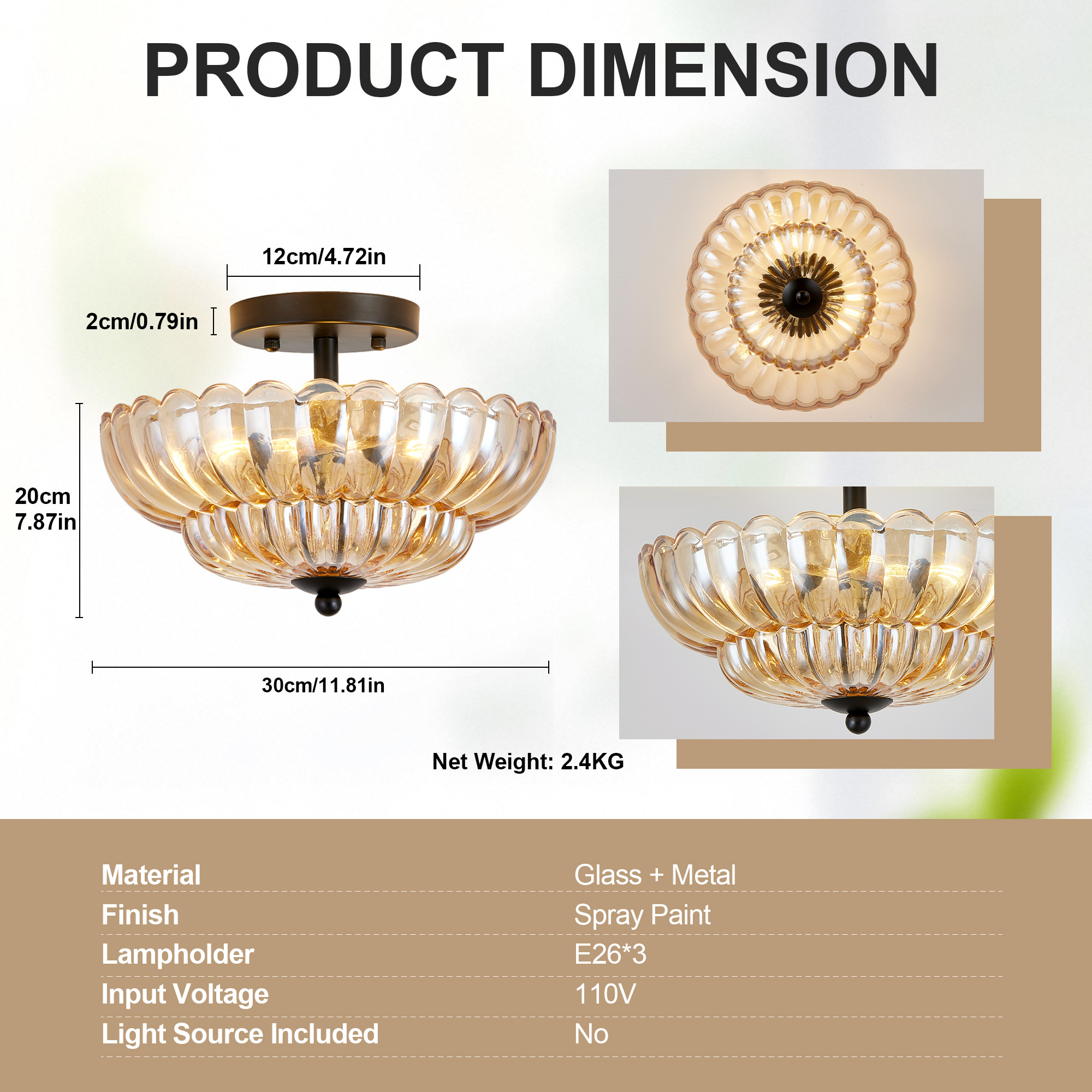 Semi Flush Mount Ceiling Light, Amber Glass Ceiling Light Fixture, 3-Bulb Modern Black Close to Ceiling Light, Vintage Glass Ceiling Lights for Bedroom Kitchen Living Room, Bulb Not Included - Image 10