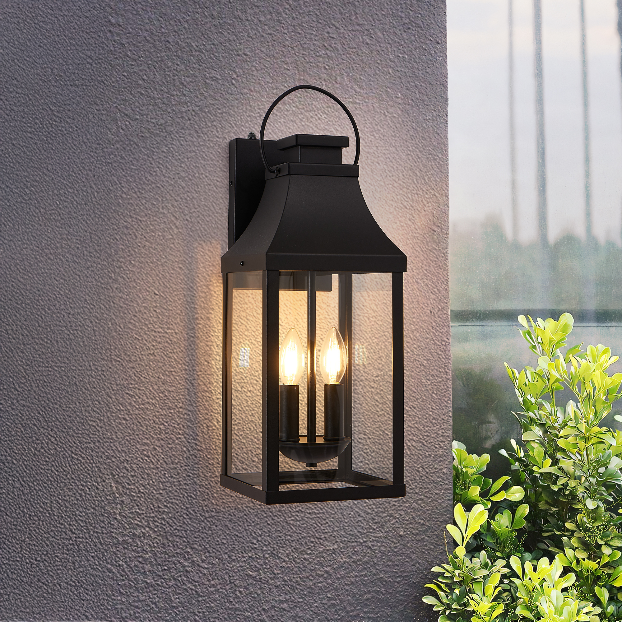 20'' Dusk to Dawn Outdoor Wall Light, Large Black Outdoor Porch Light Waterproof Patio Lanterns, Exterior Wall Mount Lighting Fixtures, 2-Light Outside Garage Sconces for House Front, 1-Pack - Image 3