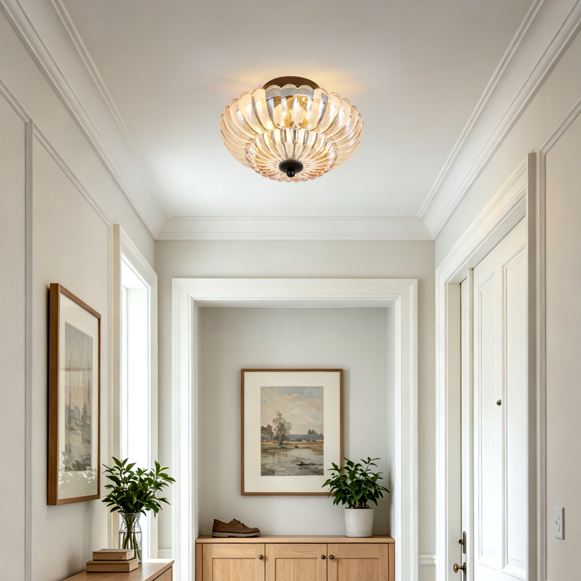 Semi Flush Mount Ceiling Light, Amber Glass Ceiling Light Fixture, 3-Bulb Modern Black Close to Ceiling Light, Vintage Glass Ceiling Lights for Bedroom Kitchen Living Room, Bulb Not Included - Image 5