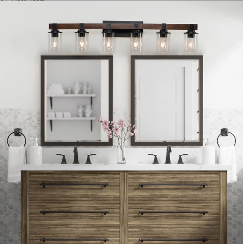 42 Inch Rustic 6-Light Vanity Light, Industrial Bathroom Wall Sconce With Glass Shades And Wood Accent, Modern Farmhouse Lighting Fixture No Bulbs - Image 7