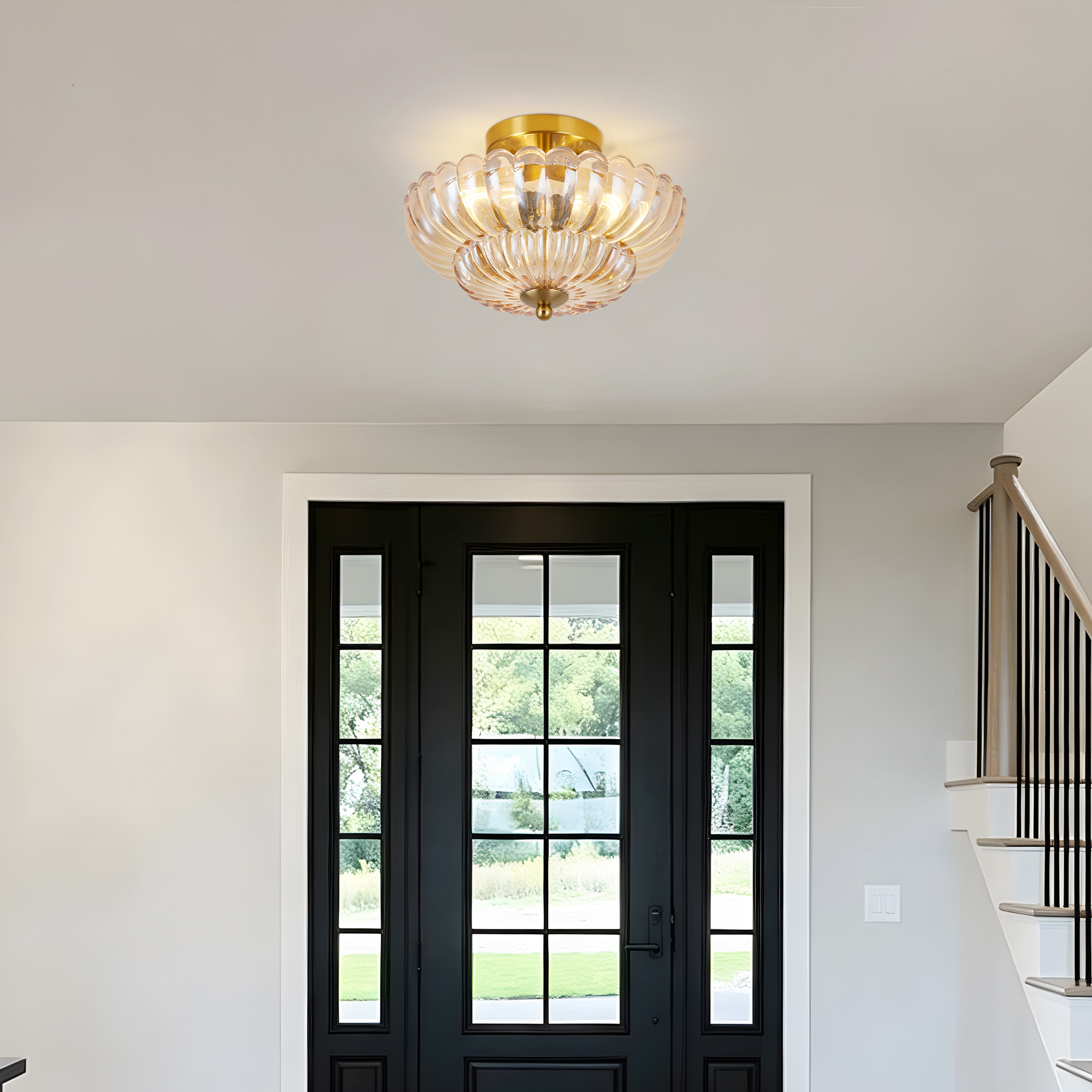 11.8 inch Semi Flush Mount Ceiling Light, 3-Light Close to Ceiling Light Fixtures with Flower Glass, Vintage Ceiling Lights for Hallway Living Room Kitchen Bedroom Bathroom, Amber - Image 3