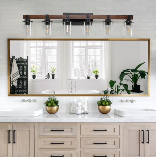 42 Inch Rustic 6-Light Vanity Light, Industrial Bathroom Wall Sconce With Glass Shades And Wood Accent, Modern Farmhouse Lighting Fixture No Bulbs - Image 3