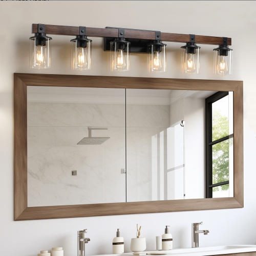 42 Inch Rustic 6-Light Vanity Light, Industrial Bathroom Wall Sconce With Glass Shades And Wood Accent, Modern Farmhouse Lighting Fixture No Bulbs