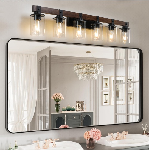 42 Inch Rustic 6-Light Vanity Light, Industrial Bathroom Wall Sconce With Glass Shades And Wood Accent, Modern Farmhouse Lighting Fixture No Bulbs - Image 5