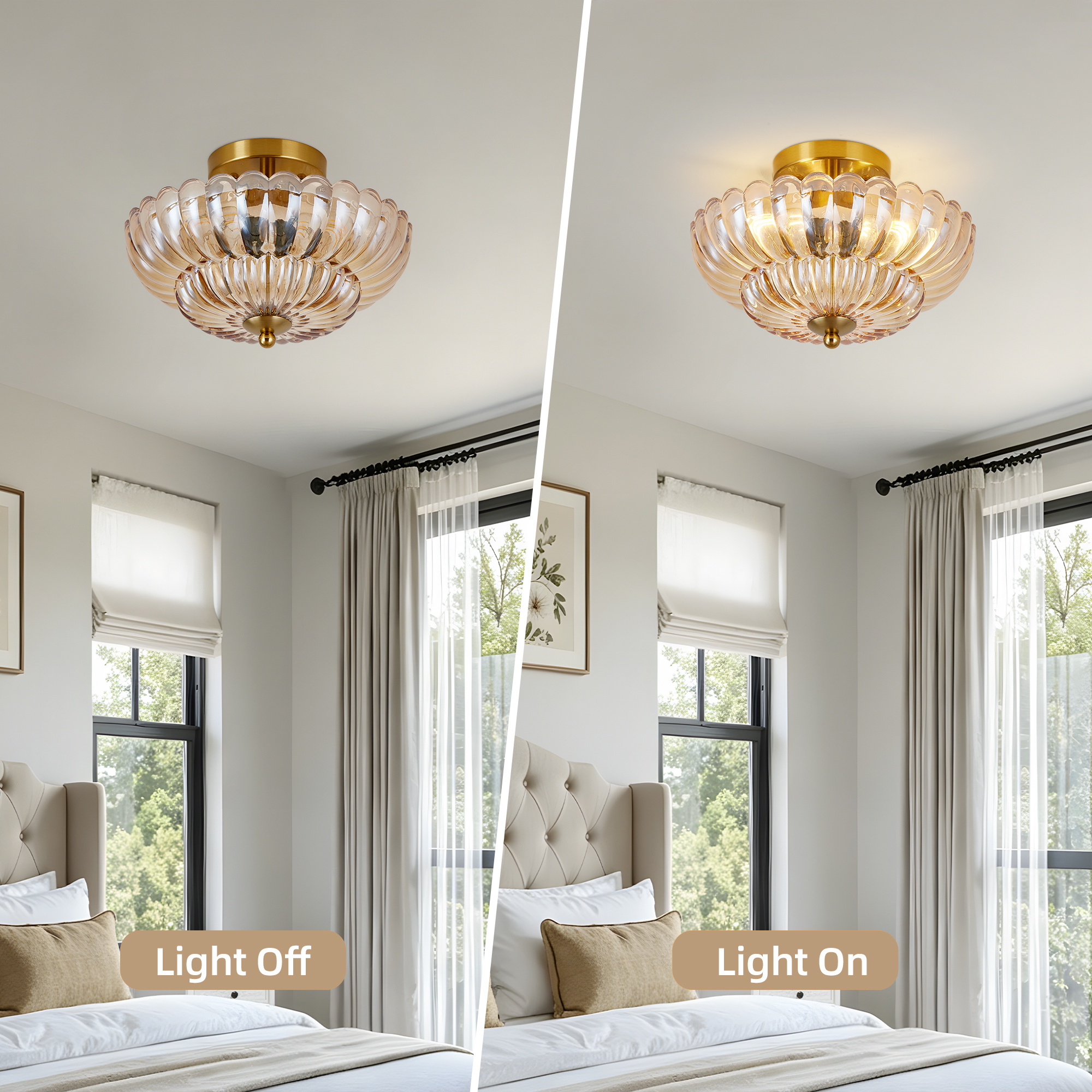 11.8 inch Semi Flush Mount Ceiling Light, 3-Light Close to Ceiling Light Fixtures with Flower Glass, Vintage Ceiling Lights for Hallway Living Room Kitchen Bedroom Bathroom, Amber - Image 5