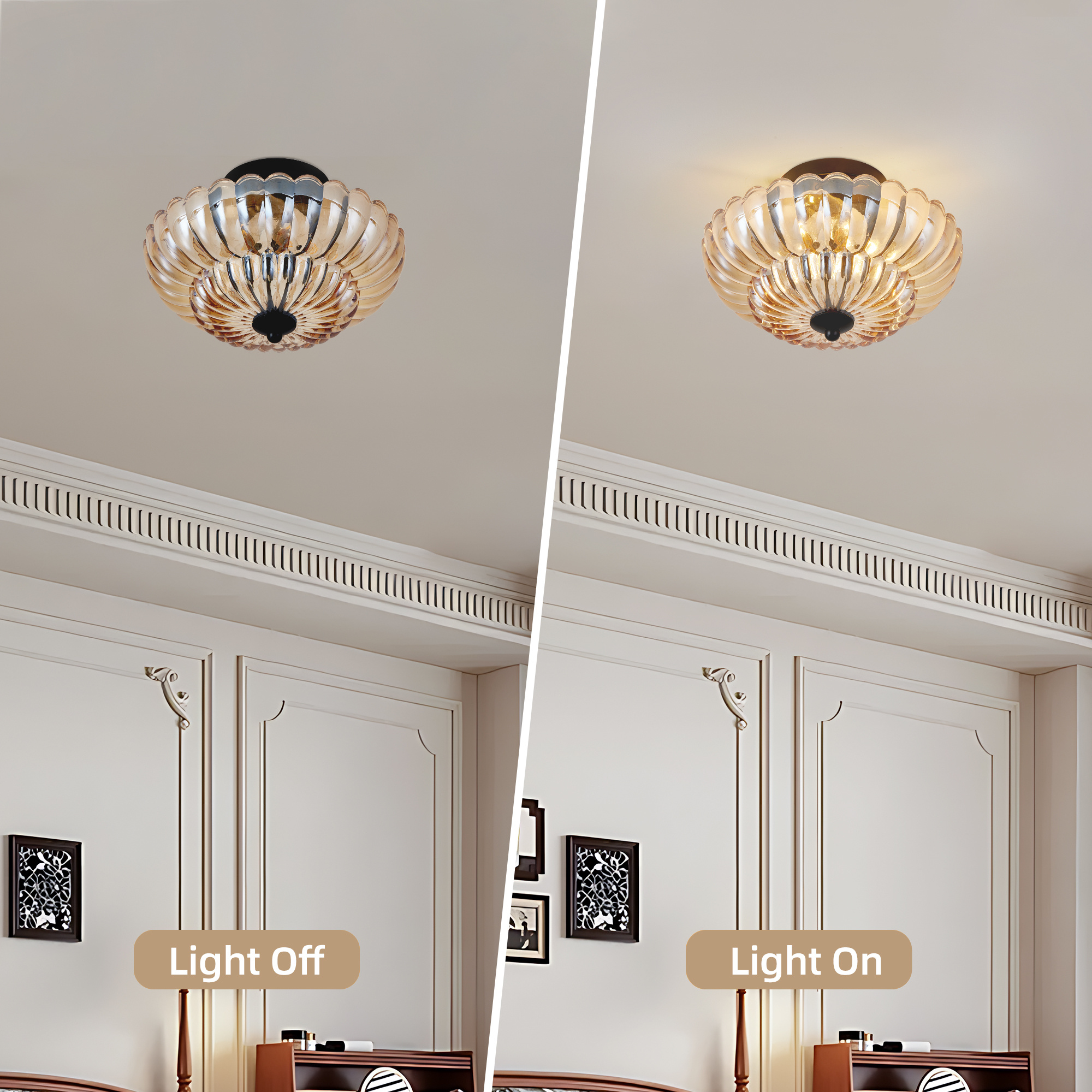 Semi Flush Mount Ceiling Light, Amber Glass Ceiling Light Fixture, 3-Bulb Modern Black Close to Ceiling Light, Vintage Glass Ceiling Lights for Bedroom Kitchen Living Room, Bulb Not Included - Image 6