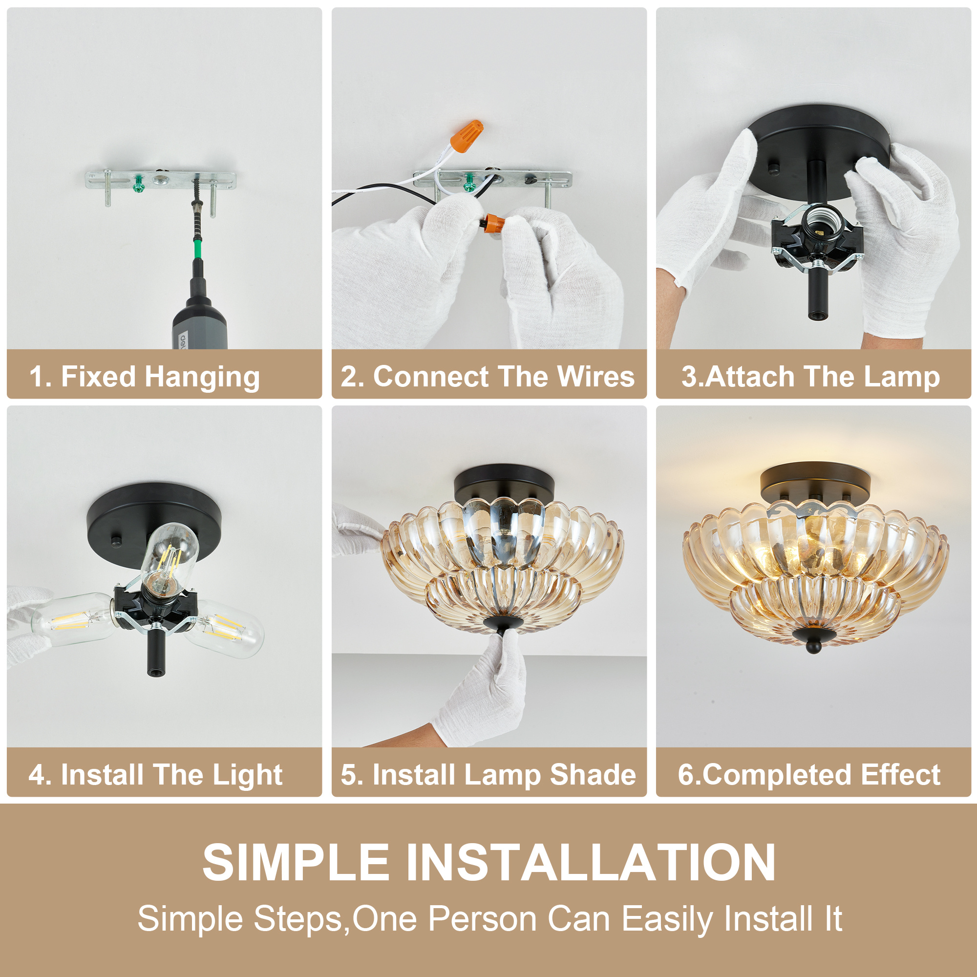 Semi Flush Mount Ceiling Light, Amber Glass Ceiling Light Fixture, 3-Bulb Modern Black Close to Ceiling Light, Vintage Glass Ceiling Lights for Bedroom Kitchen Living Room, Bulb Not Included - Image 9
