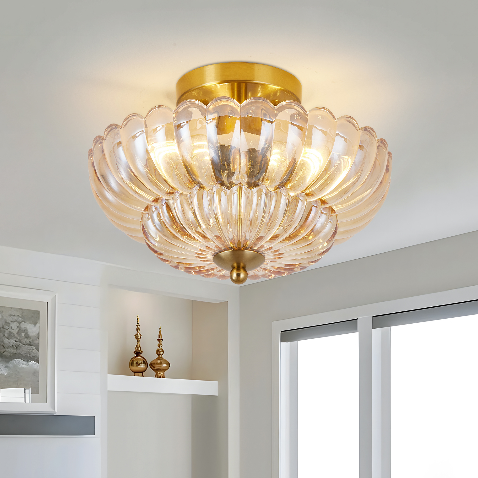 11.8 inch Semi Flush Mount Ceiling Light, 3-Light Close to Ceiling Light Fixtures with Flower Glass, Vintage Ceiling Lights for Hallway Living Room Kitchen Bedroom Bathroom, Amber - Image 2