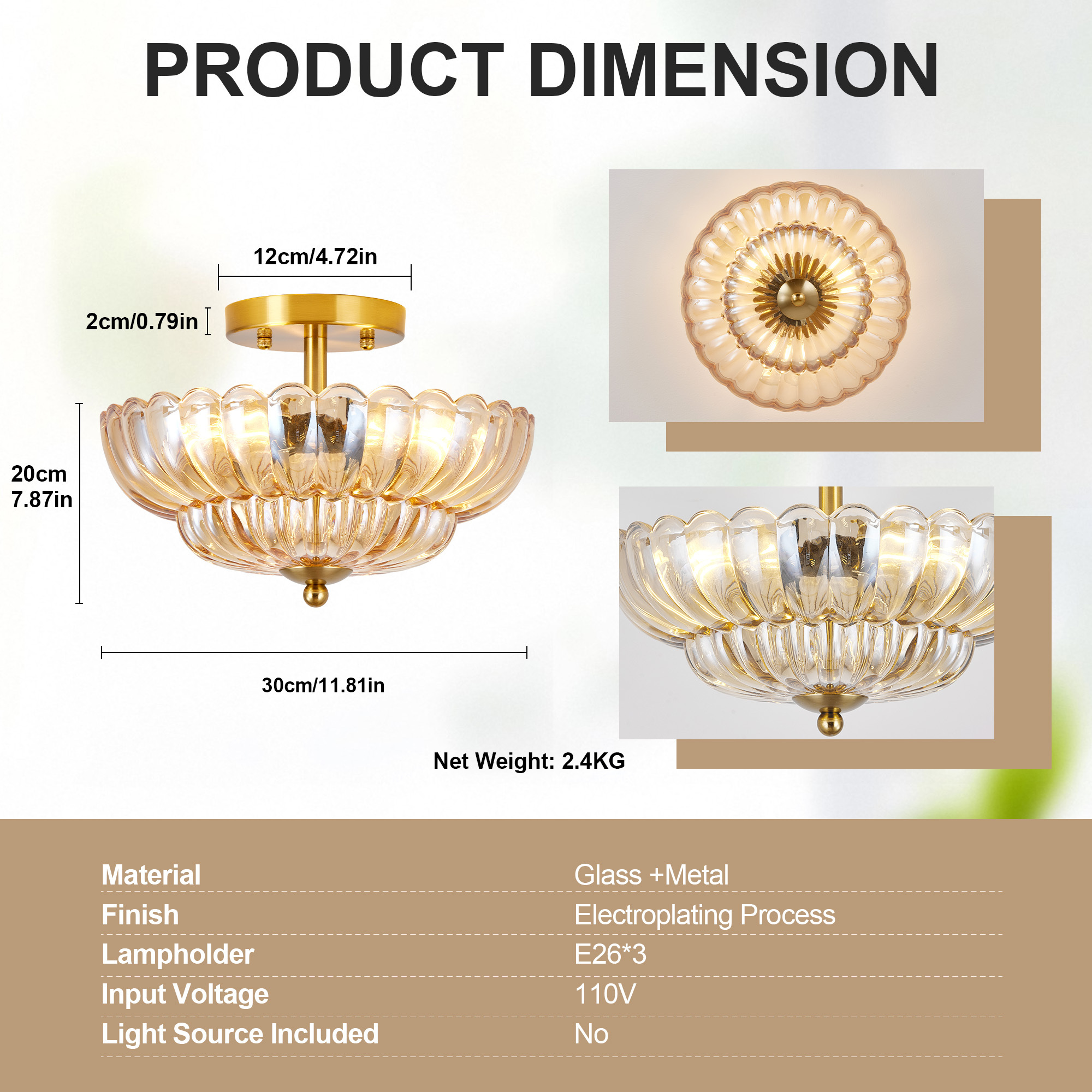 11.8 inch Semi Flush Mount Ceiling Light, 3-Light Close to Ceiling Light Fixtures with Flower Glass, Vintage Ceiling Lights for Hallway Living Room Kitchen Bedroom Bathroom, Amber - Image 8