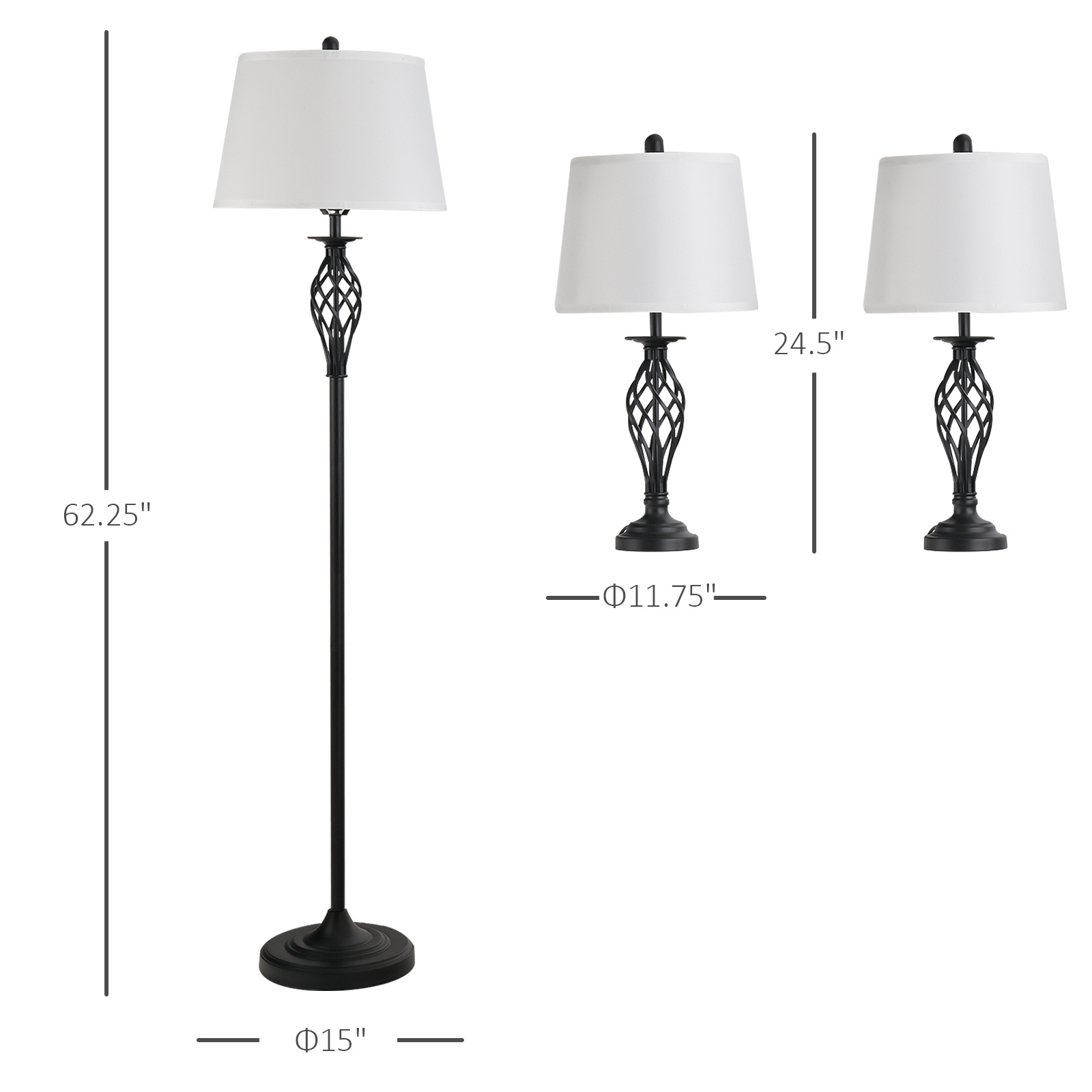 3 Piece Table Floor Lamp Set with Metal Pole, Round Base, and Fabric Lampshade, for Living Room, Black/White - Image 3
