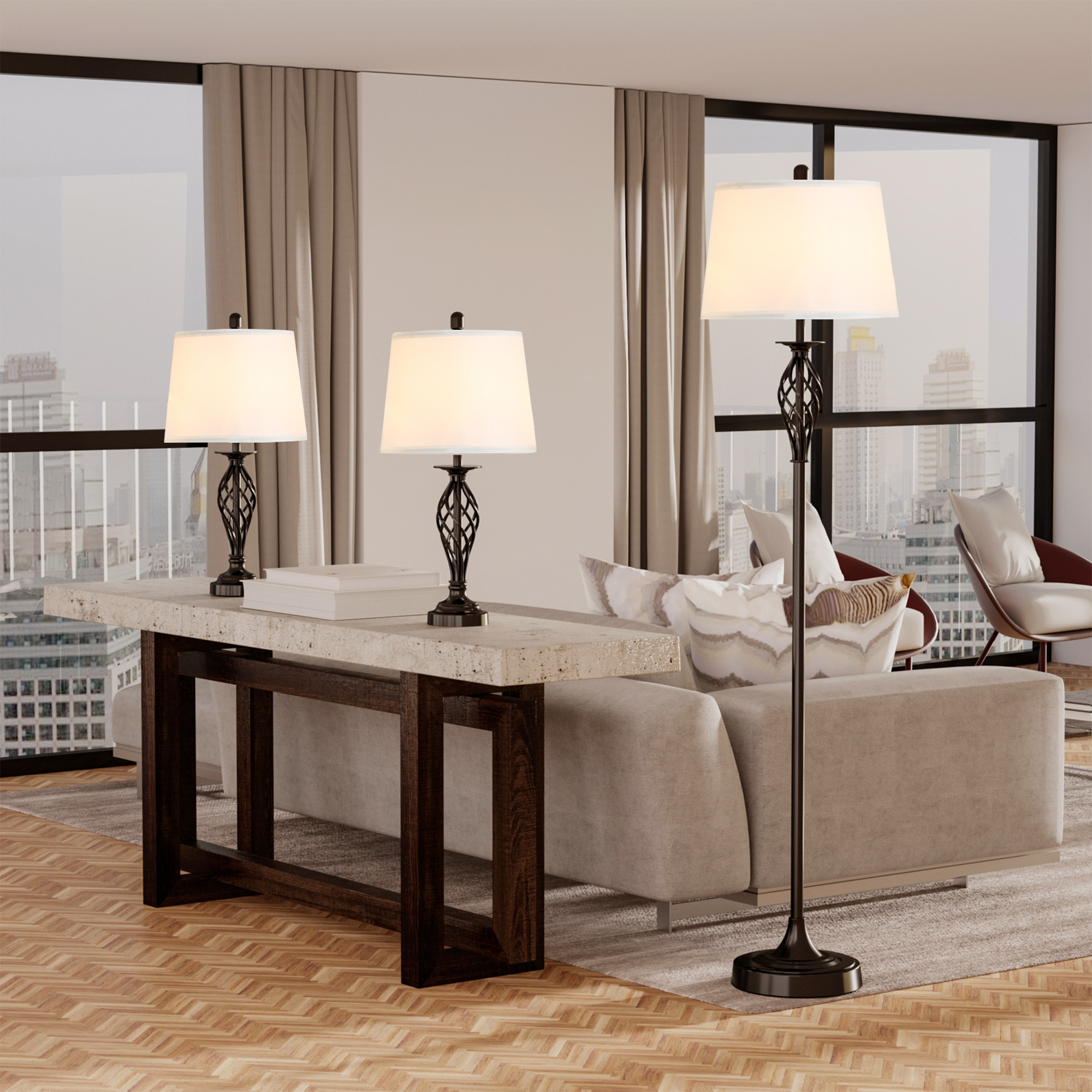 3 Piece Table Floor Lamp Set with Metal Pole, Round Base, and Fabric Lampshade, for Living Room, Black/White - Image 2