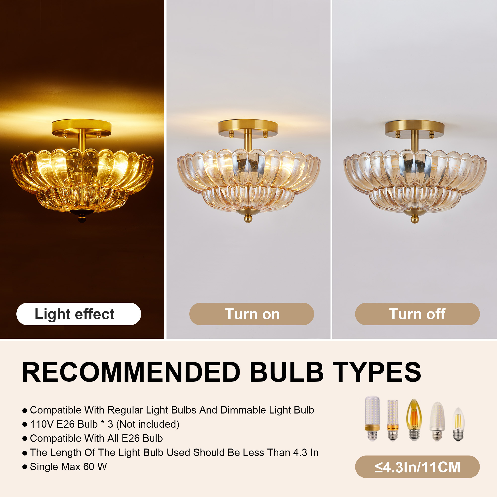 11.8 inch Semi Flush Mount Ceiling Light, 3-Light Close to Ceiling Light Fixtures with Flower Glass, Vintage Ceiling Lights for Hallway Living Room Kitchen Bedroom Bathroom, Amber - Image 6